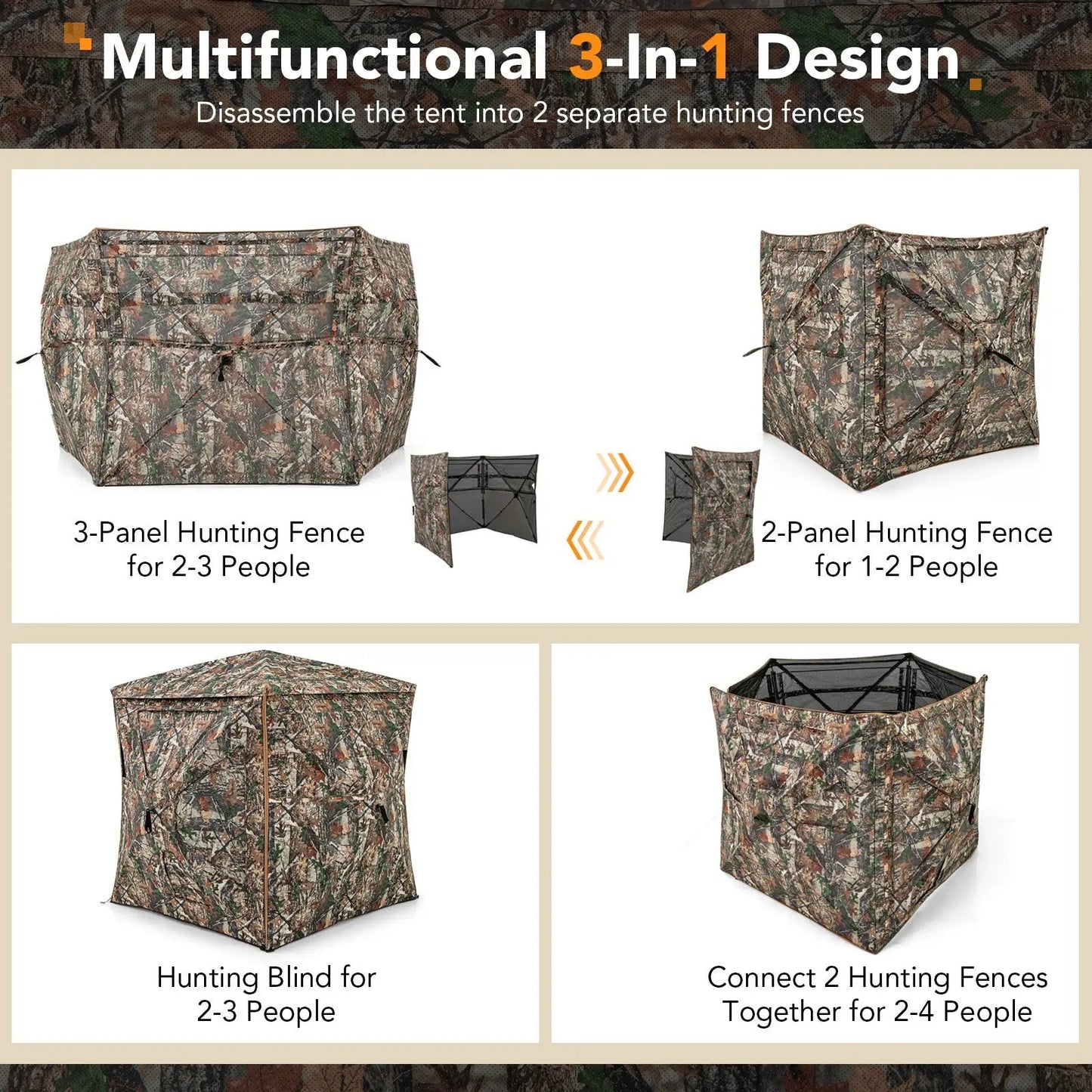 5-In-1 Detachable Hunting Blind with Skylight in camo; shows 3- and 2-panel fences for 2–3/1–2 hunters DirectDeals on Tampa Home & Garden Store