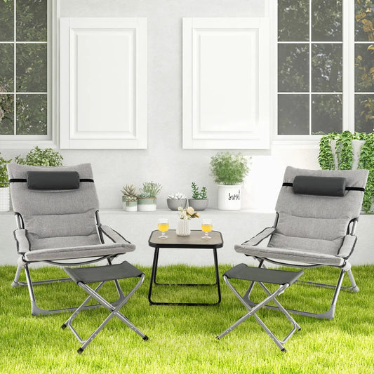 5-Piece Patio Sling Chair Set Folding Lounge Chairs with Footrests and Coffee Table-Gray - Tampa Home & Garden Store
