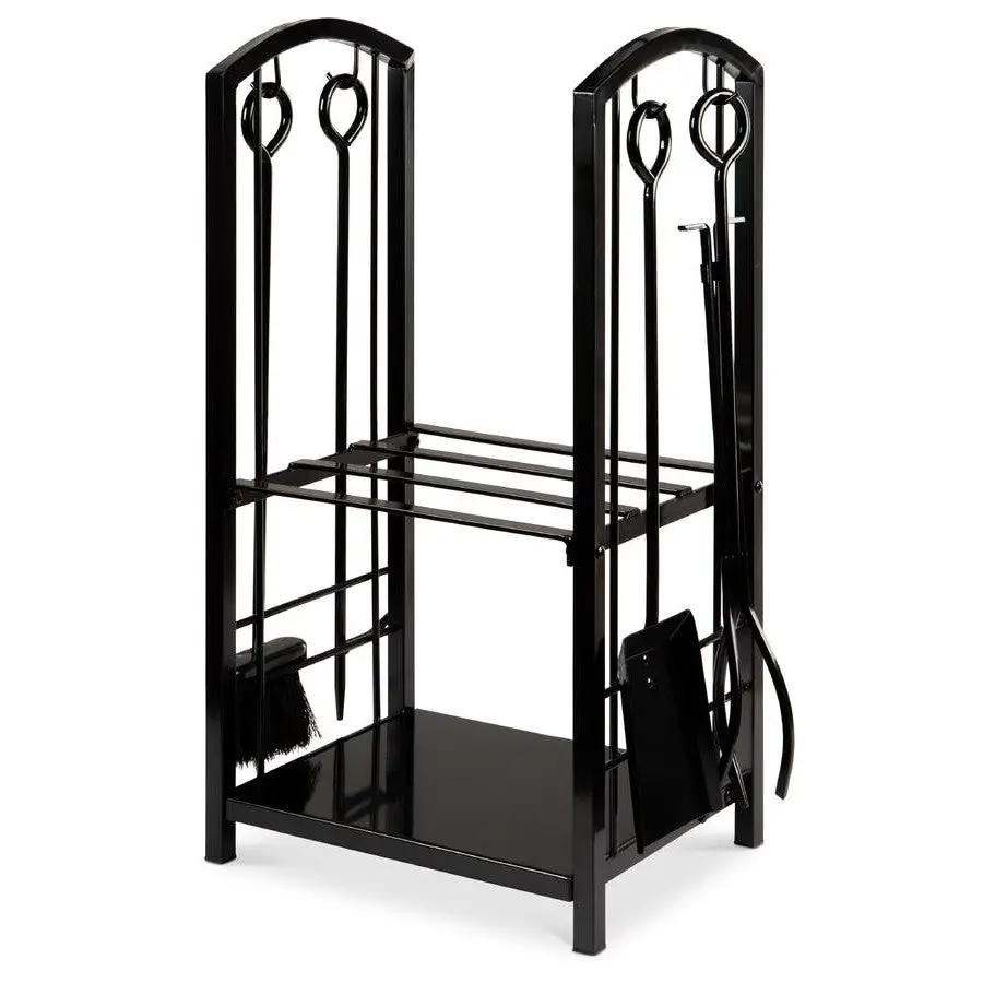Vintage 5-piece black metal firewood log rack tool set with shovel, brush, tongs and poker on Tampa Home & Garden Store