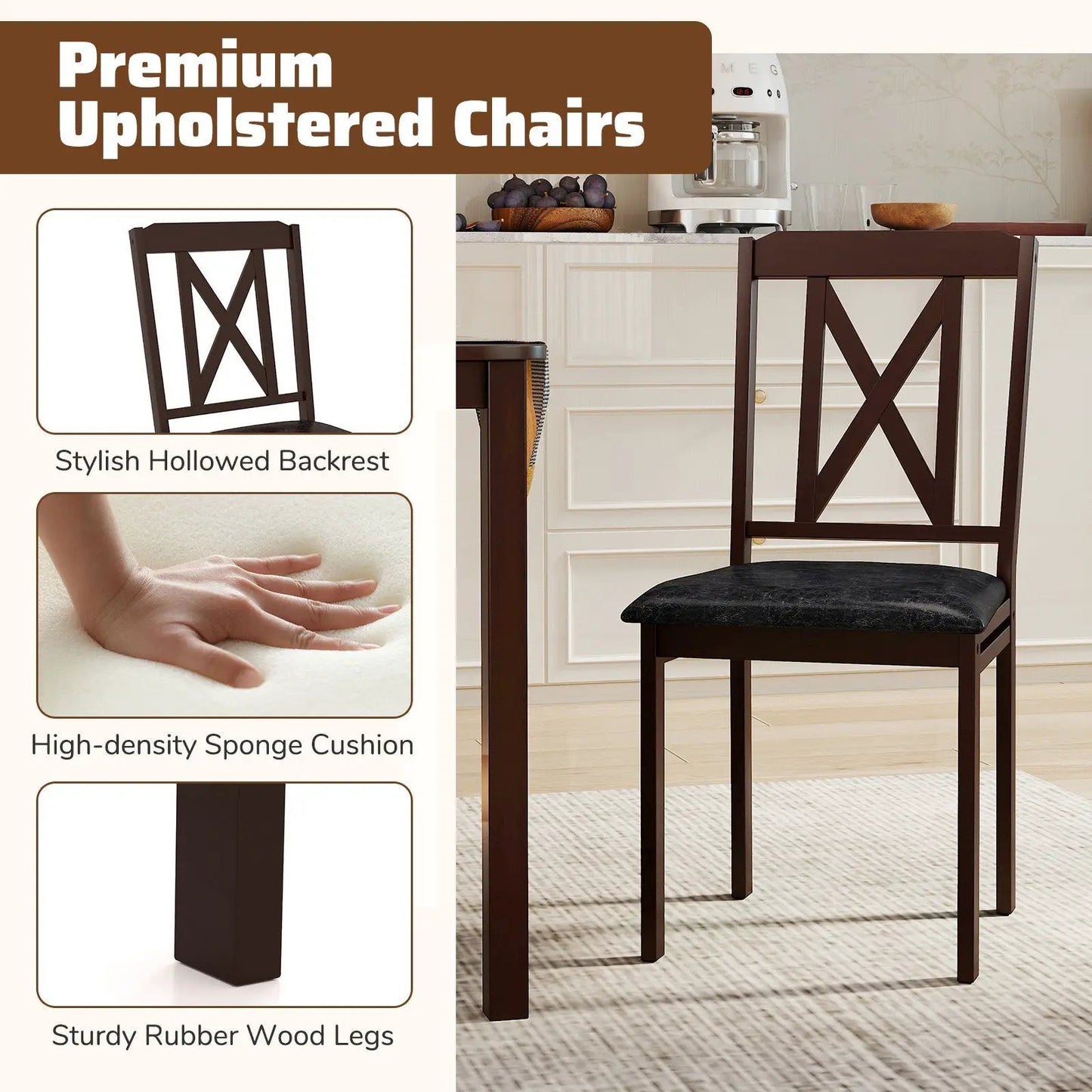 5 Piece Dining Table Set with Wide Tabletop Black dark brown chairs with X-back and black cushions on Tampa Home & Garden Store