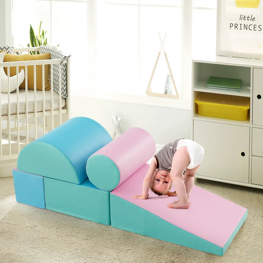 5-Piece Kids Climb and Crawl Activity Playset foam blocks in turquoise pink with a child on them on Tampa Home & Garden Store