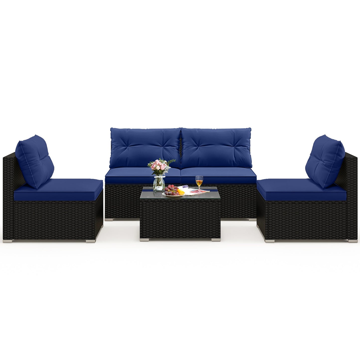 Juego de muebles de patio de 5 piezas con cojines y mesa de centro - Negro