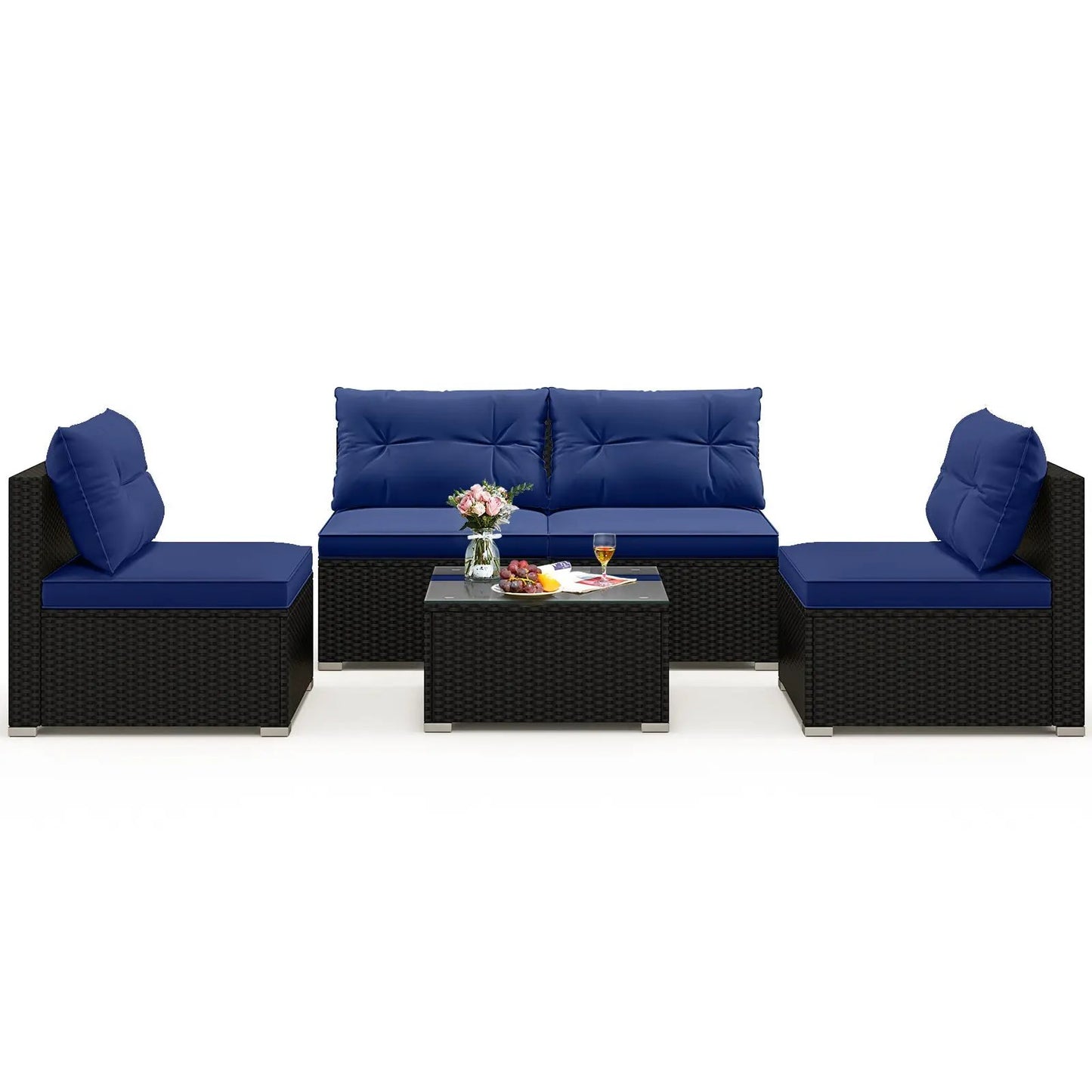 Outdoor Patio 5-Piece Set with Cushions and Table, navy cushions, dark wicker DirectDeals on Tampa Home & Garden Store