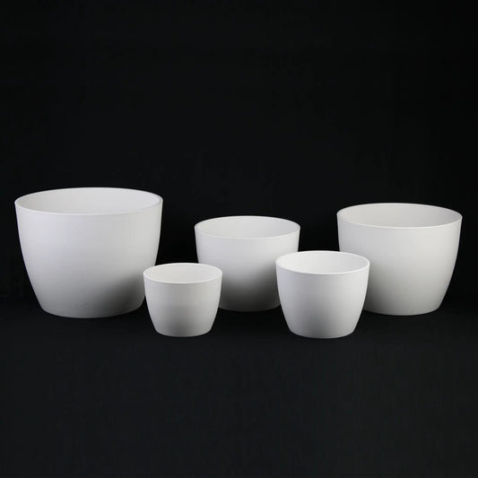 5-Piece White Plastic Planter Pot Set, modern round design on Tampa Home & Garden Store