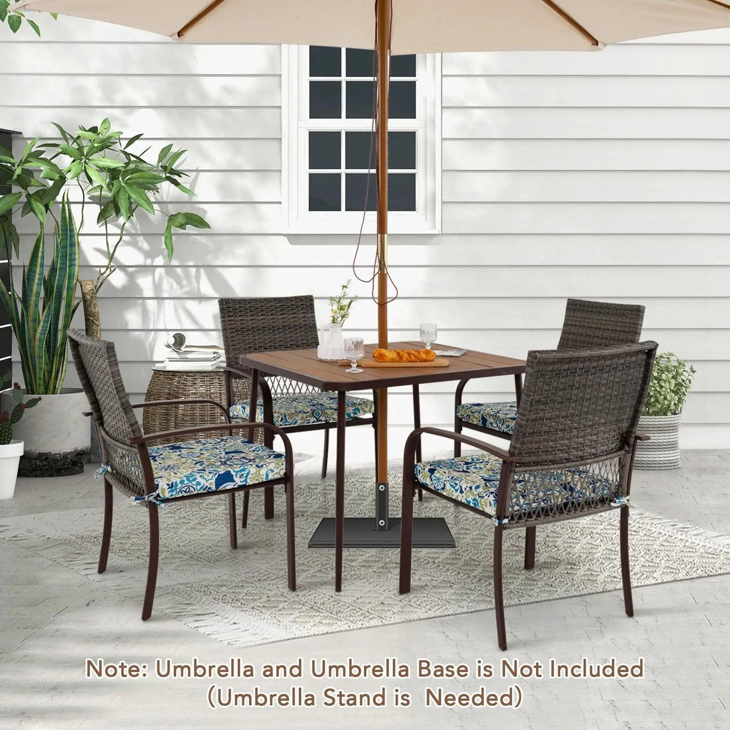 Patio Dining Set with 4 Cushioned Rattan Chairs, brown wicker, square table and beige umbrella on Tampa Home & Garden Store