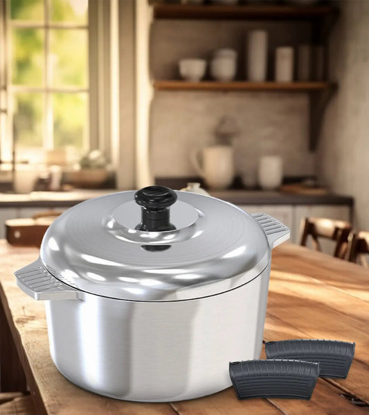 5-Quart Magnaware Round Dutch Oven with lid handles; stainless body and two black grips on Tampa Home & Garden Store