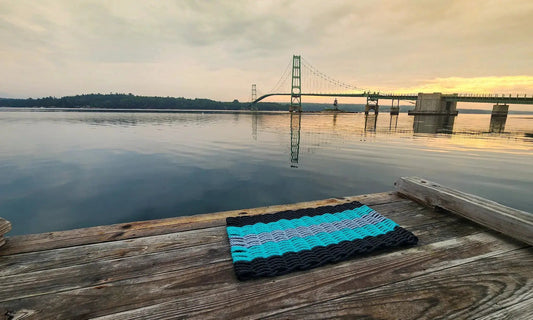 5 Stripe Lobster Rope Mat black teal light gray handmade on Tampa Home & Garden Store