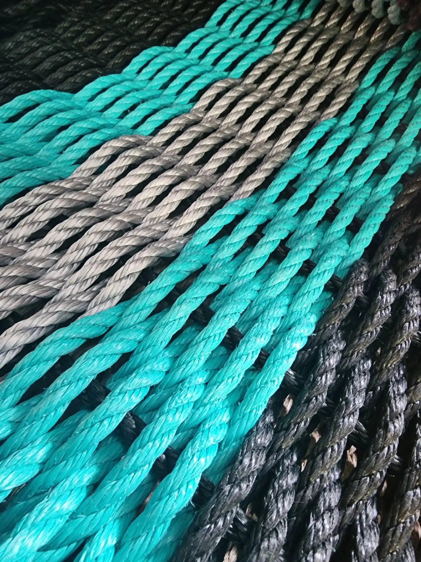 5 Stripe Lobster Rope Mat in black teal and light gray, handmade rug by Little Salty Rope on Tampa Home & Garden Store