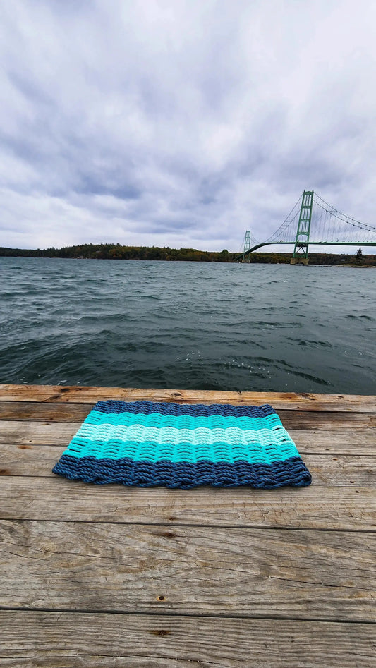 Five Stripe Lobster Rope Mat navy blue and teal, handmade rope door mat by Little Salty Rope on Tampa Home & Garden Store