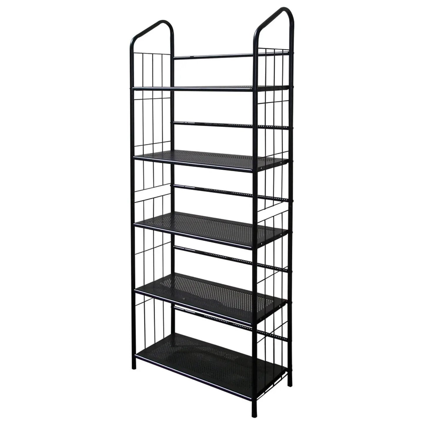 Black metal 5-tier bookcase shelving unit with wire grid sides on Tampa Home & Garden Store