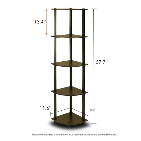 Five-tier corner shelf bookcase in espresso-black with curved shelves and black posts, 57.7 in tall on Tampa Home & Garden Store
