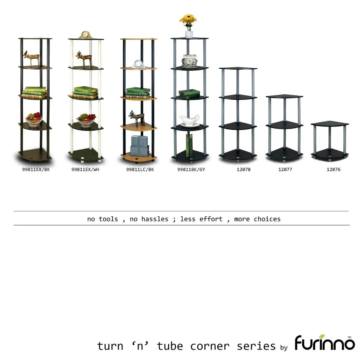 Seven five-tier corner shelf bookcases in assorted finishes including espresso, white and black on Tampa Home & Garden Store