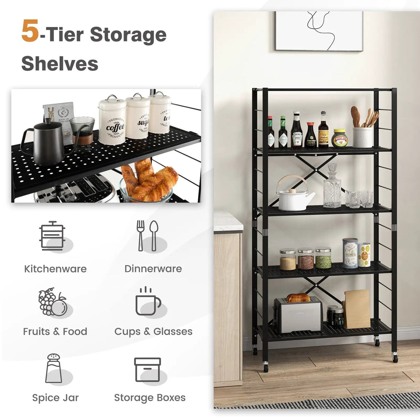 5-Tier Adjustable Shelves with Wheels, black metal frame with perforated shelves on rolling casters DirectDeals on Tampa Home & Garden Store