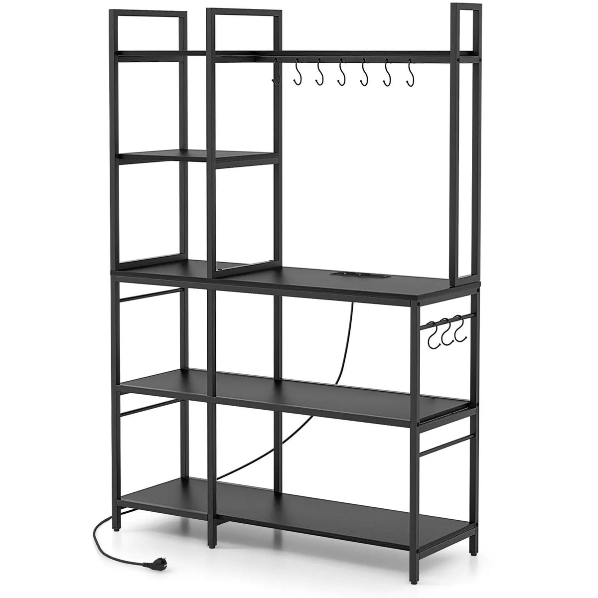 5-Tier Bakers Rack with Power Outlets and Hooks, DirectDeals black metal frame with open shelves on Tampa Home & Garden Store