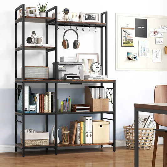 5-Tier Bakers Rack with wood shelves and black metal frame featuring hooks on Tampa Home & Garden Store