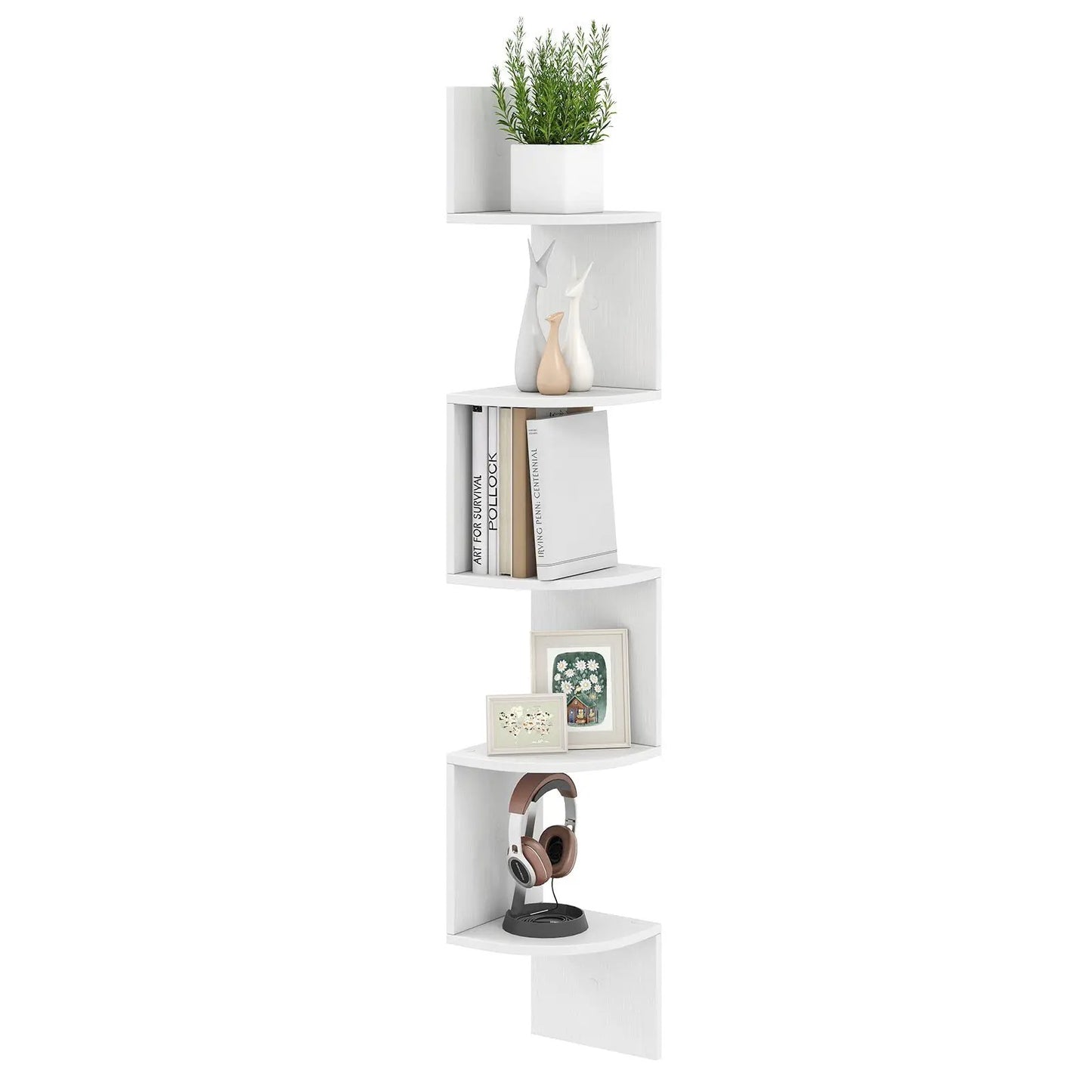 5-tier corner floating shelf wall organizer in white with plant on top and books below on Tampa Home & Garden Store