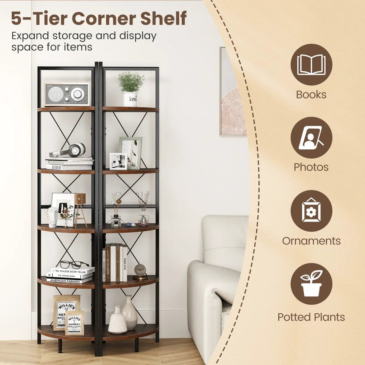5-Tier Freestanding Corner Shelf with black metal frame and wood shelves, 63in tall DirectDeals on Tampa Home & Garden Store