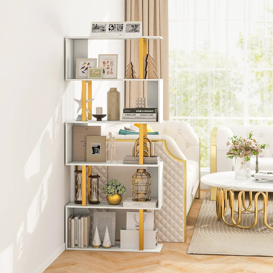 Geometric bookcase with metal frame, white shelves and gold vertical supports, 5-tier on Tampa Home & Garden Store