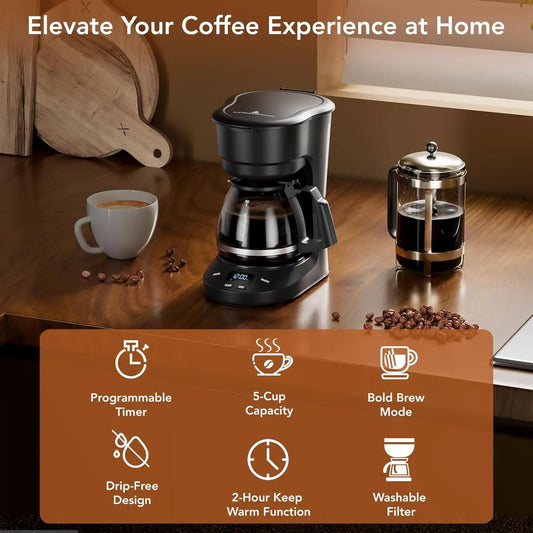 Kismile 5-Cup Drip Coffee Maker with glass carafe, black finish on Tampa Home & Garden Store