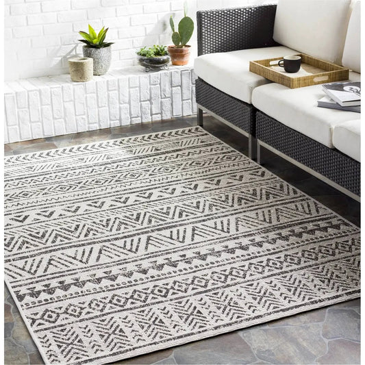 5 ft x 8 ft Black Off-White Chevron Boho Rug with geometric pattern indoor outdoor use on Tampa Home & Garden Store