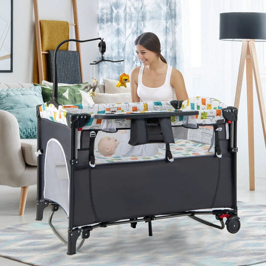 Five in One Baby Nursery Center Foldable Crib DirectDeals black frame with bedding and toys on Tampa Home & Garden Store
