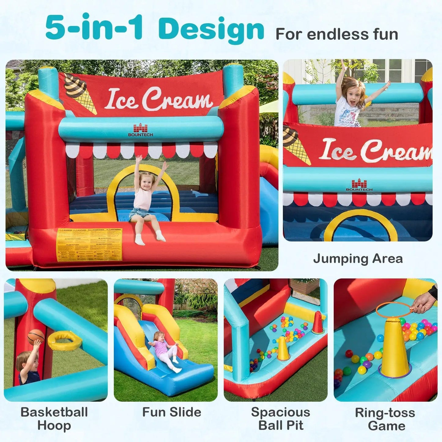 5-in-1 Ice Cream Inflatable Bounce House with Ball Pit, red and turquoise, BOUNTECH logo on Tampa Home & Garden Store