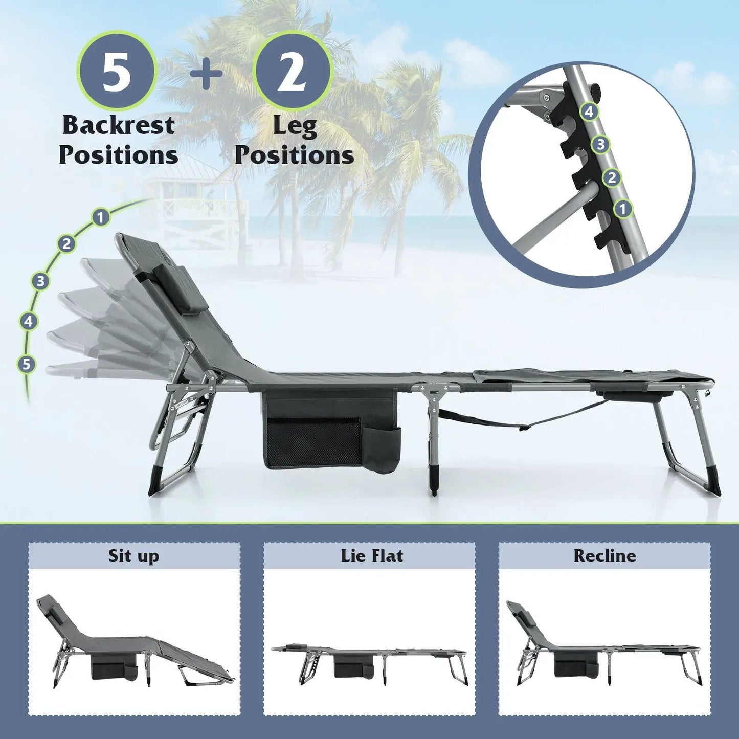 5-position Outdoor Folding Chaise Lounge Chair-Gray - Tampa Home & Garden Store