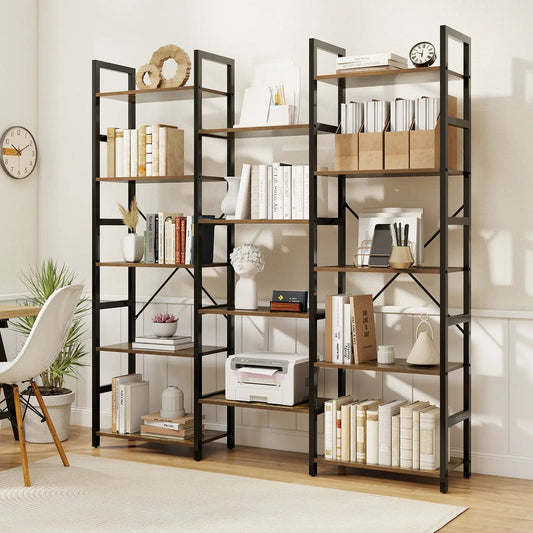 Triple Wide Industrial Bookshelf set of 3 with metal frame and wood shelves 5-tier DirectDeals on Tampa Home & Garden Store