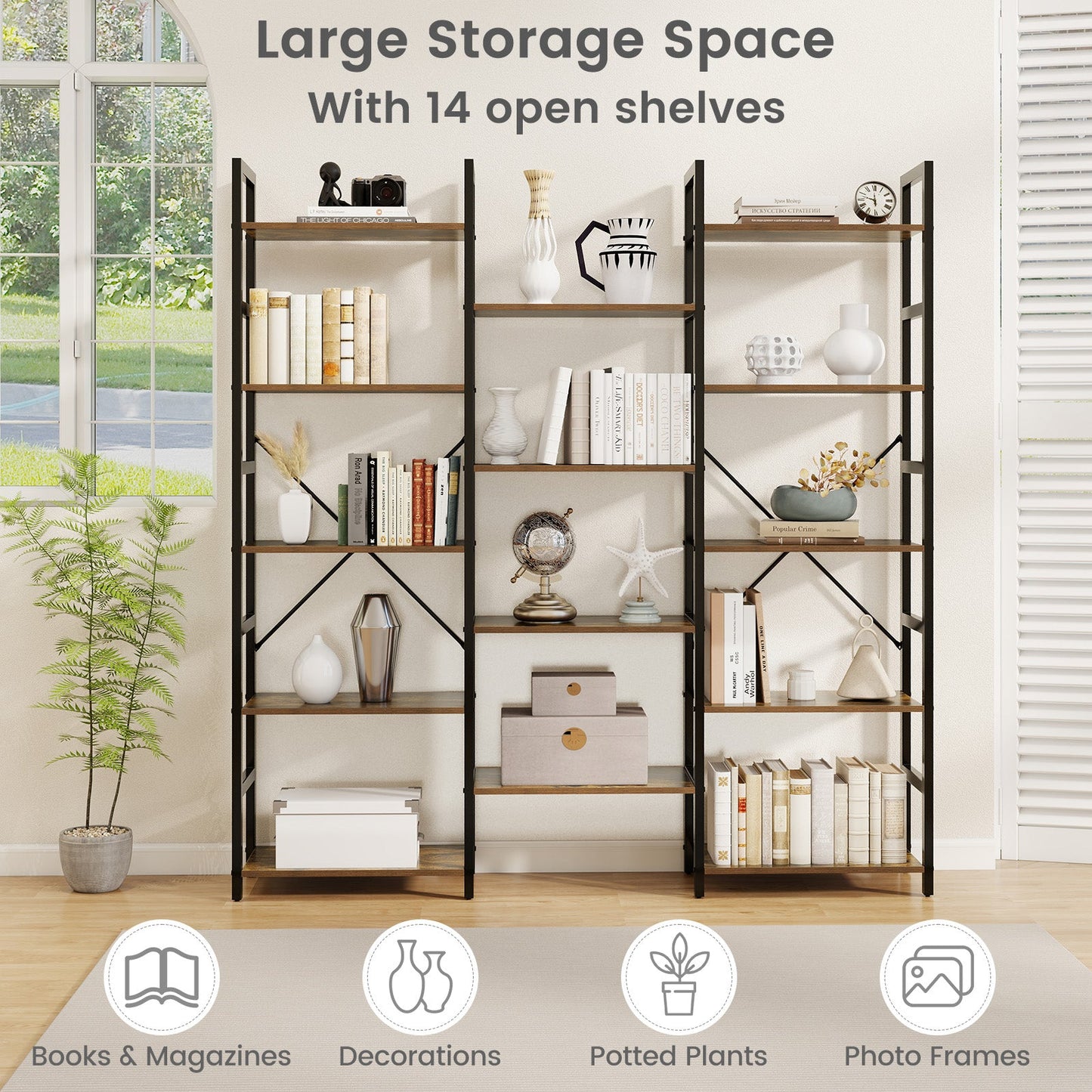 Triple Wide Industrial Bookshelf with Black Metal Frame and Rustic Brown Shelves on Tampa Home & Garden Store