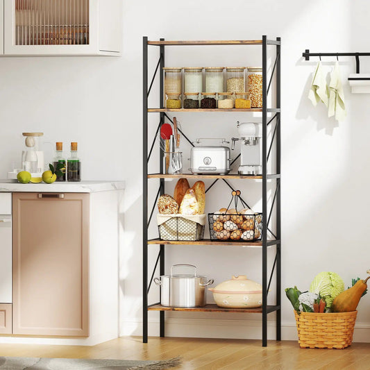 5-Tier Bookshelf with open shelves, black metal frame and rustic brown wood shelves on Tampa Home & Garden Store