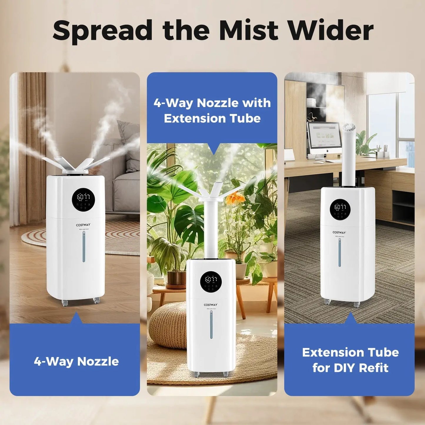 5.5 Gal Humidifier with 360 Nozzles and wheels by DirectDeals in a collage showing 4-way nozzle on Tampa Home & Garden Store