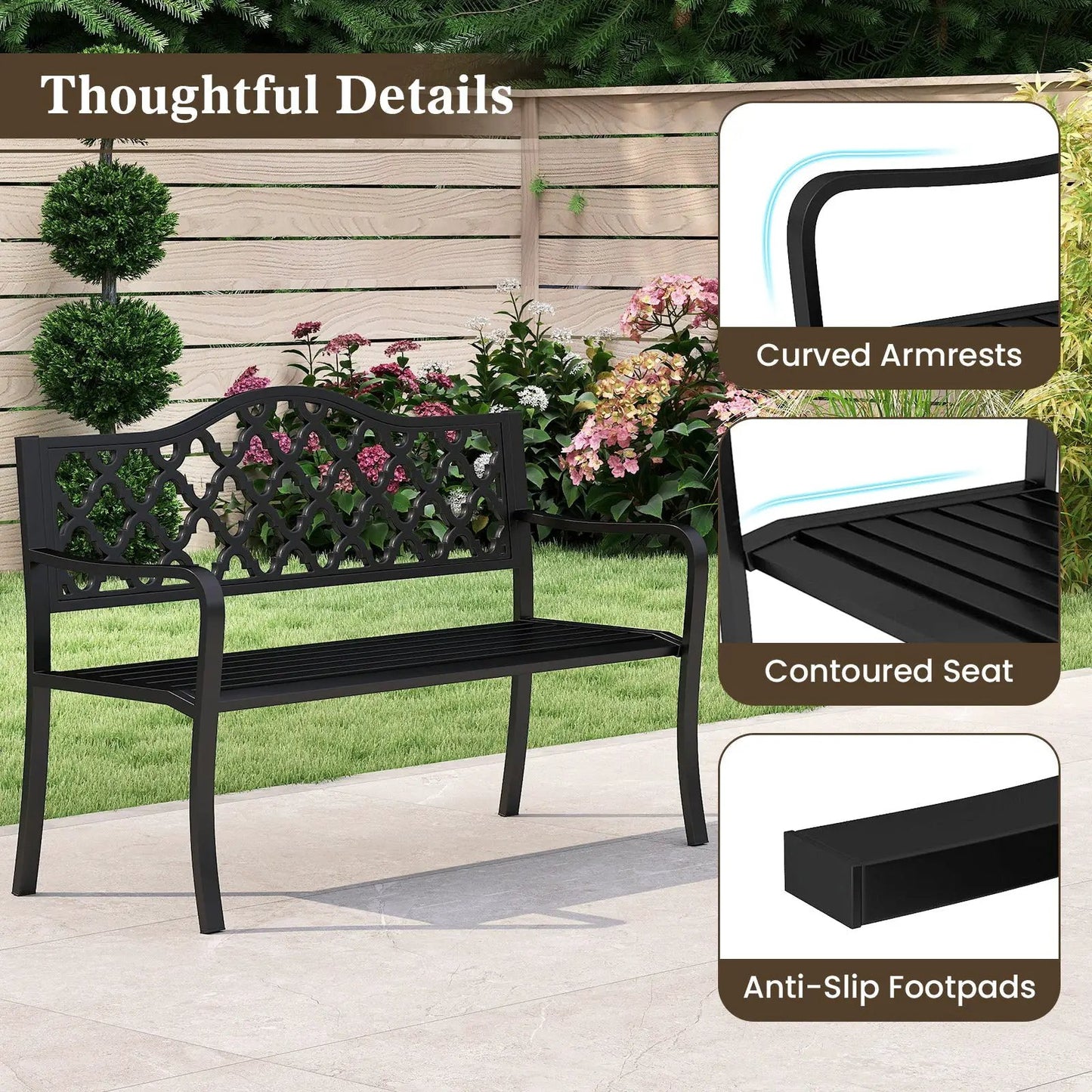 DirectDeals patio bench black metal with curved armrests and lattice back for two to three on Tampa Home & Garden Store