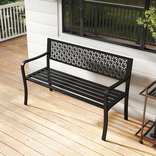 50 Inch Garden Bench with Patterned Backrest and Curved Armrests for 2-3 Person-Black - Tampa Home & Garden Store