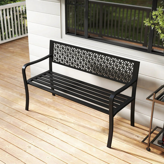 50 Inch Garden Bench with Patterned Backrest and Curved Armrests for 2-3 Person-Black - Tampa Home & Garden Store