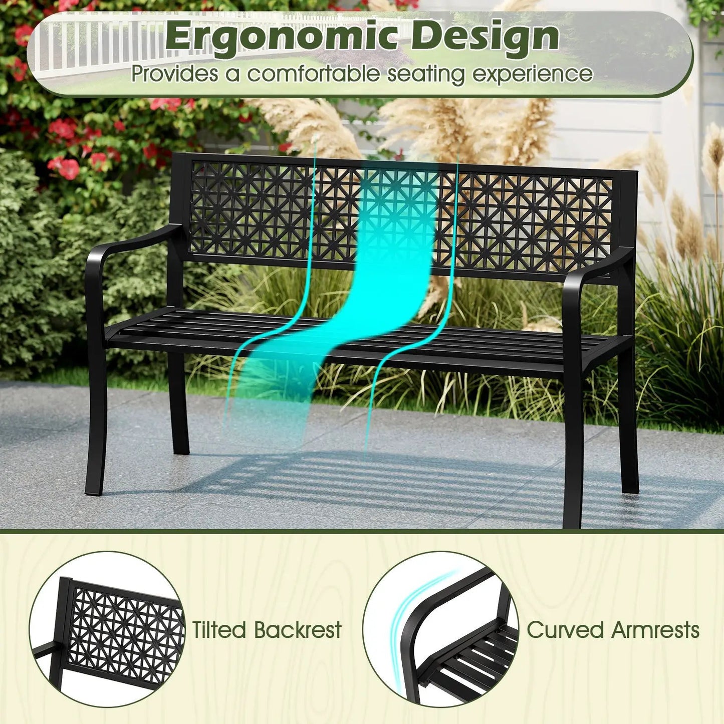 50 Inch Garden Bench with patterned backrest and curved arms in black DirectDeals on Tampa Home & Garden Store