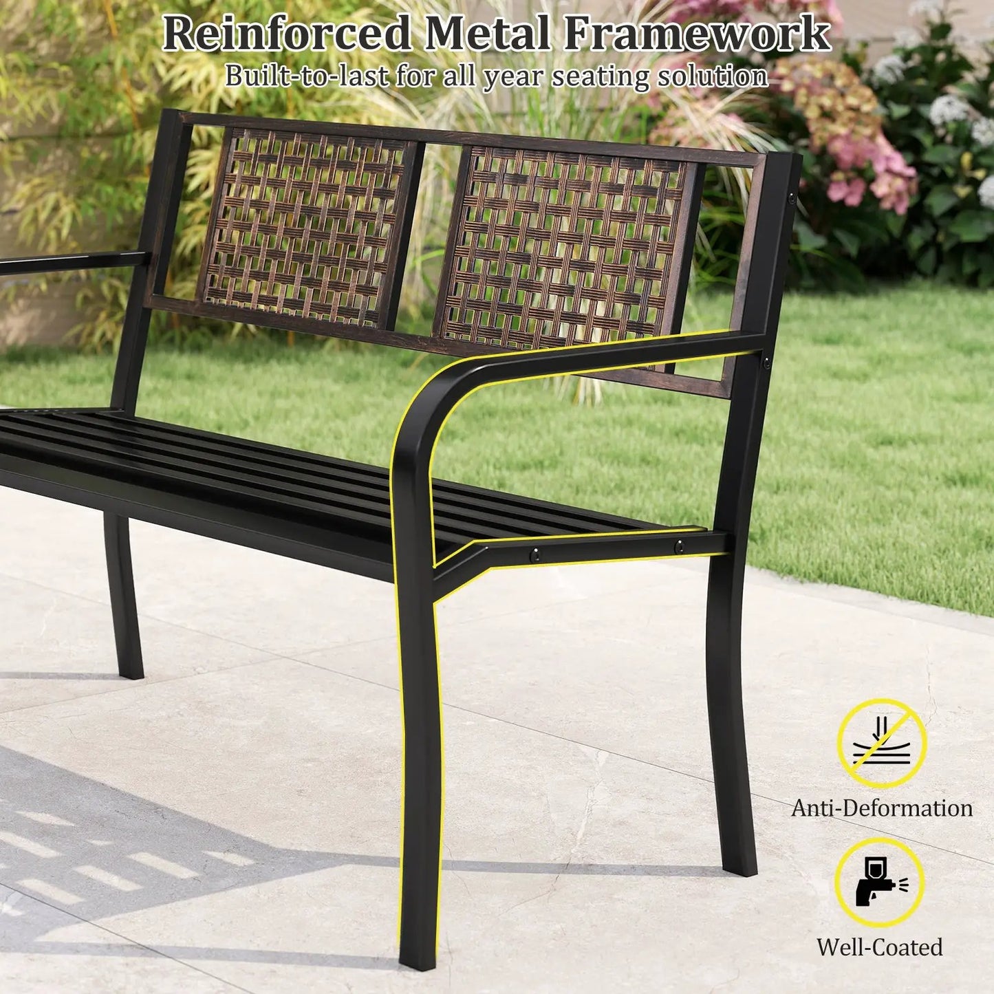 Outdoor metal garden bench with black frame, rattan backrest, and yellow trim, 50 inches on Tampa Home & Garden Store