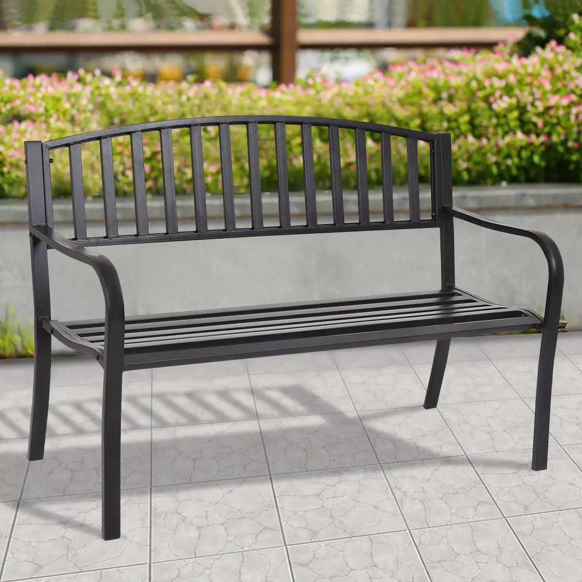50-inch black metal outdoor garden loveseat bench with curved arms and slatted seat on Tampa Home & Garden Store
