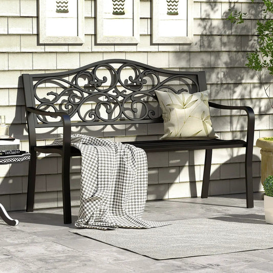 50 Inches Outdoor Cast Iron Metal Patio Bench with Floral Design Backrest and Slatted Seat-Black - Tampa Home & Garden Store