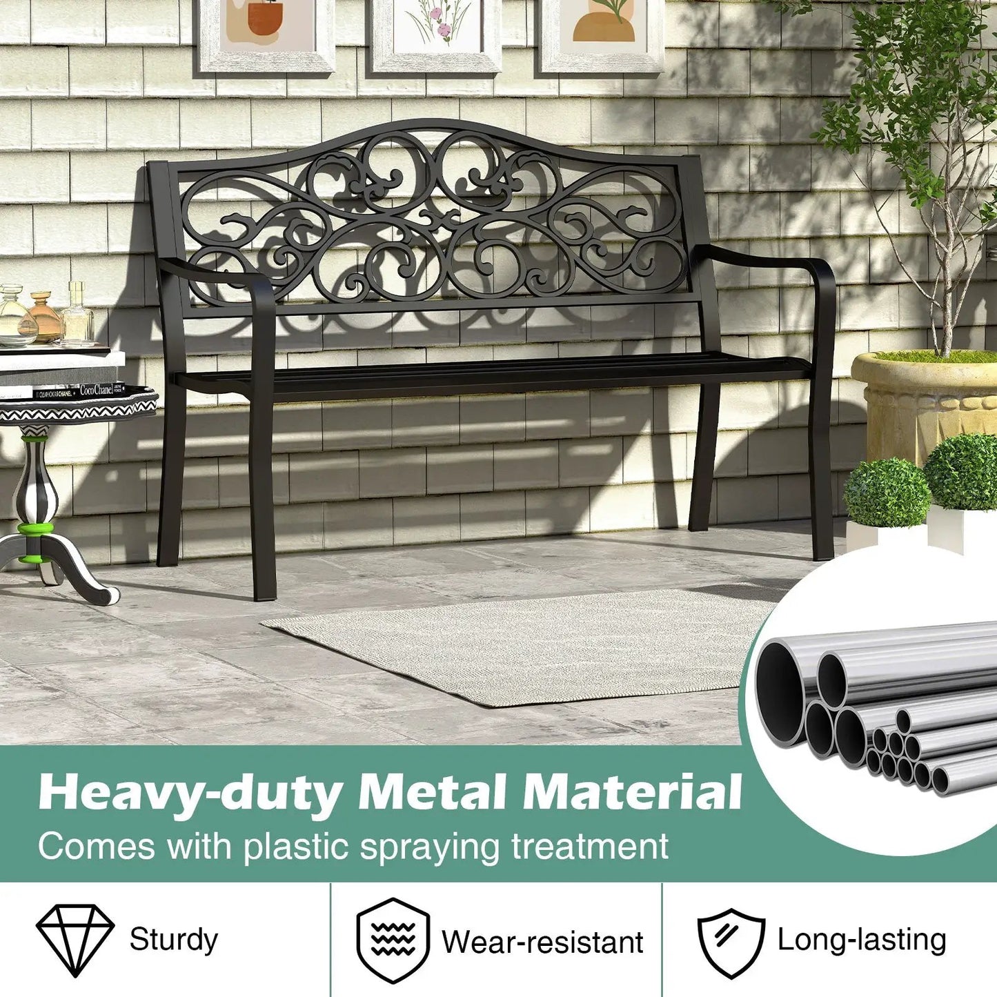 Outdoor cast iron bench with a black floral backrest and slatted seat for porch or patio on Tampa Home & Garden Store