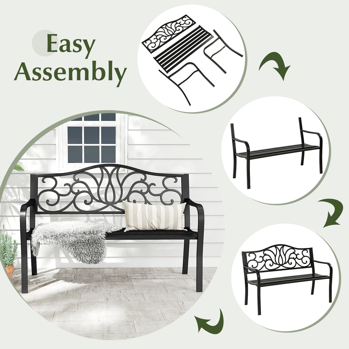 50 Inches Outdoor Garden Bench with Floral Design Backrest and Slatted Seat-Black - Tampa Home & Garden Store