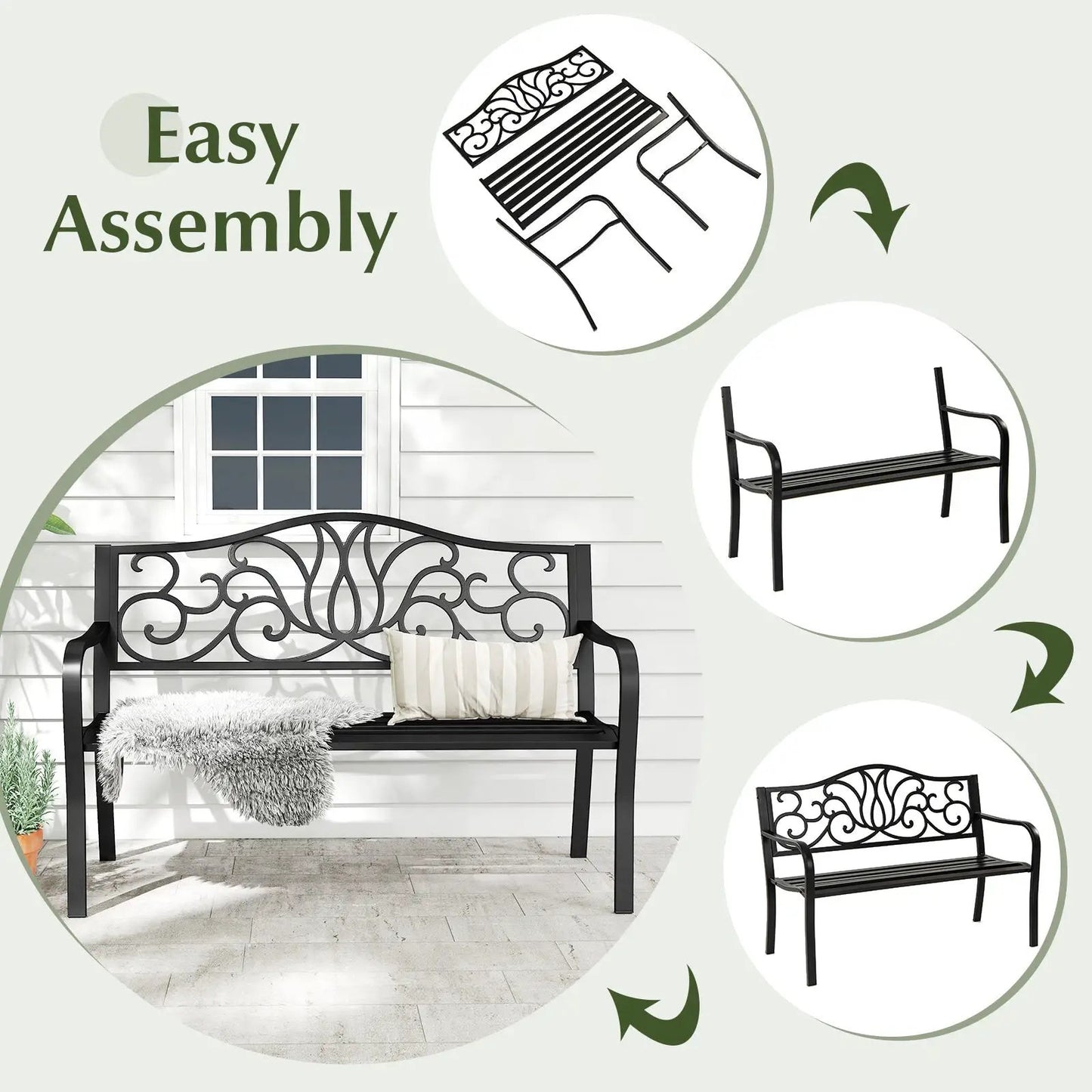 50 Inch outdoor garden bench with floral backrest, black metal, slatted seat DirectDeals Bench on Tampa Home & Garden Store