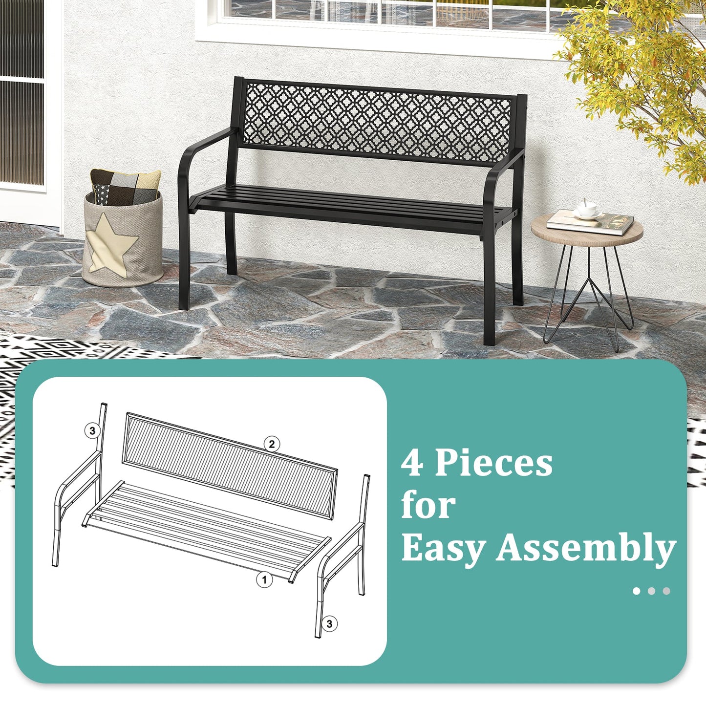 50 Inches Outdoor Garden Bench with Geometric Lattice Backrest and Slatted Seat-Black - Tampa Home & Garden Store
