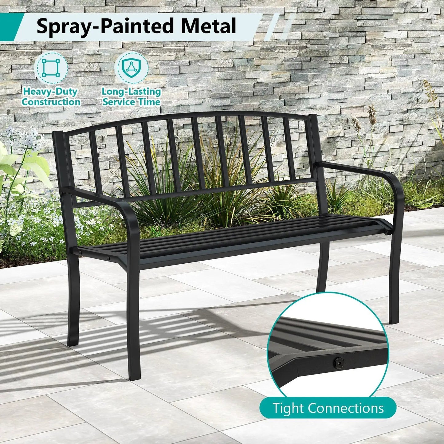 Outdoor garden bench in black finish with slatted back and curved armrests on Tampa Home & Garden Store