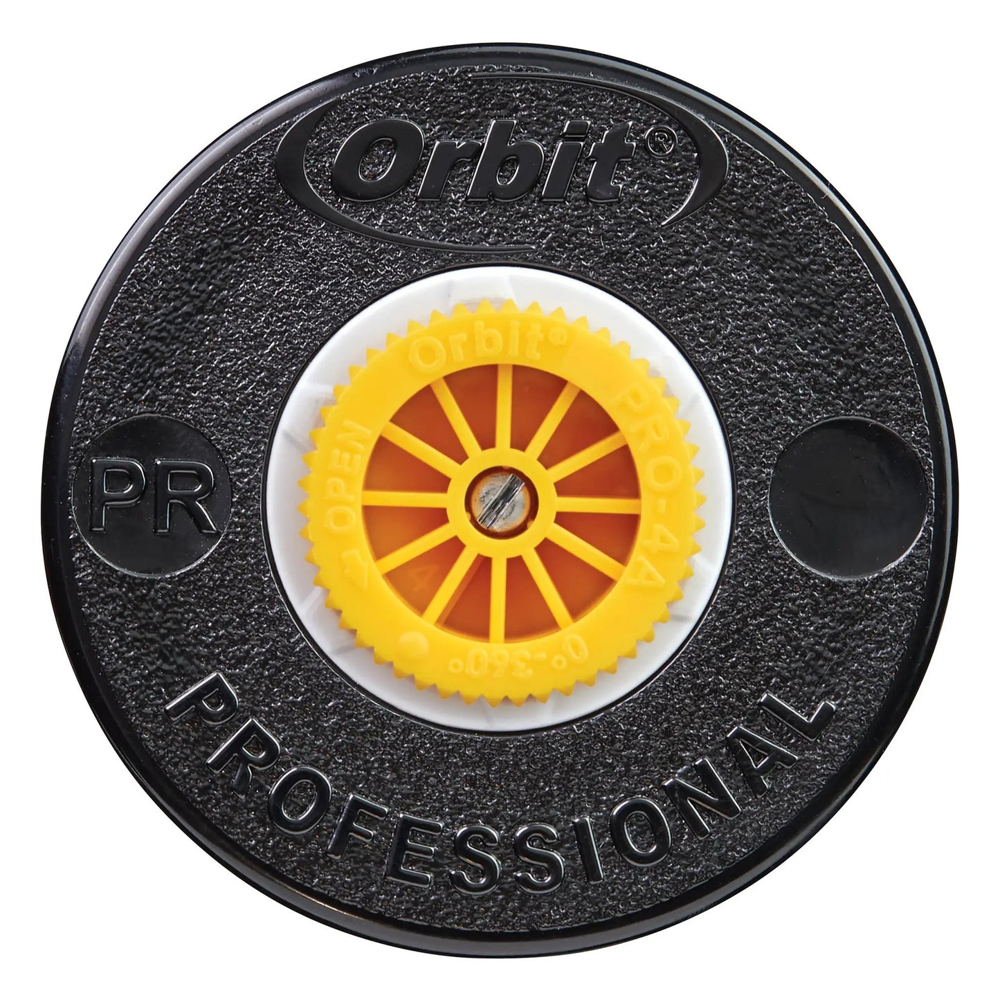 Orbit Irrigation 4-inch pressure regulator spray head with yellow nozzle gear on Tampa Home & Garden Store