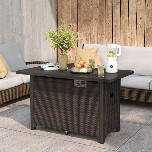 50000 BTU 2 Inch ropane Gas Fire Pit Table with Wind Guard and Glass Rocks-Brown - Tampa Home & Garden Store