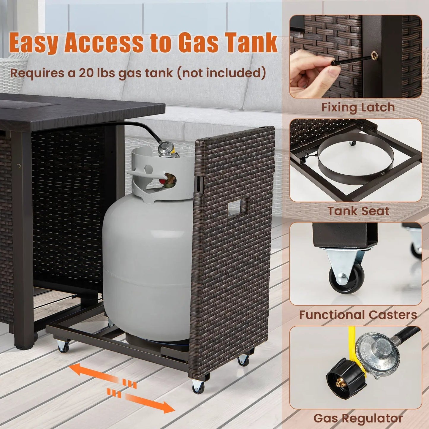 50000 BTU propane fire pit table brown wicker with wind guard and gas tank seat on Tampa Home & Garden Store