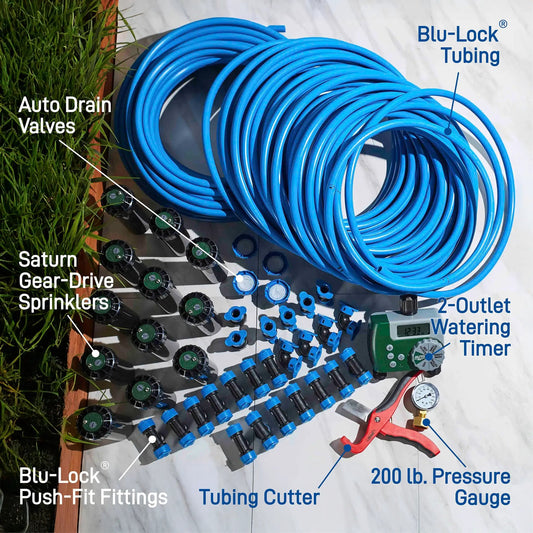 Blu-Lock 2-Zone All-In-One Sprinkler Kit with blue tubing and push-fit fittings Orbit Irrigation on Tampa Home & Garden Store