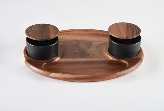 Charcuterie Serving Tray with 2 black bowls and lids, acacia wood, Kalmar Home on Tampa Home & Garden Store