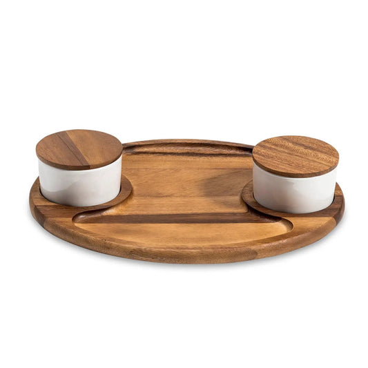 Acacia Charcuterie Tray with 2 ceramic bowls and lids on a wooden base Kalmar Home on Tampa Home & Garden Store