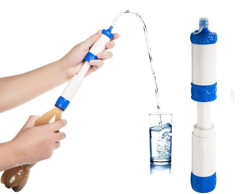 Outdoor Water Filter Survival Tool pump system in white and blue filters water into a glass on Tampa Home & Garden Store